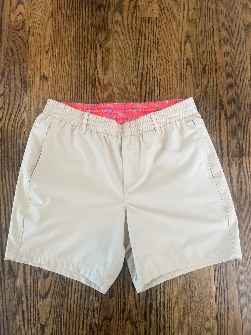 Birdie Bound Men's Athletic Shorts with Pink Liner - Khaki